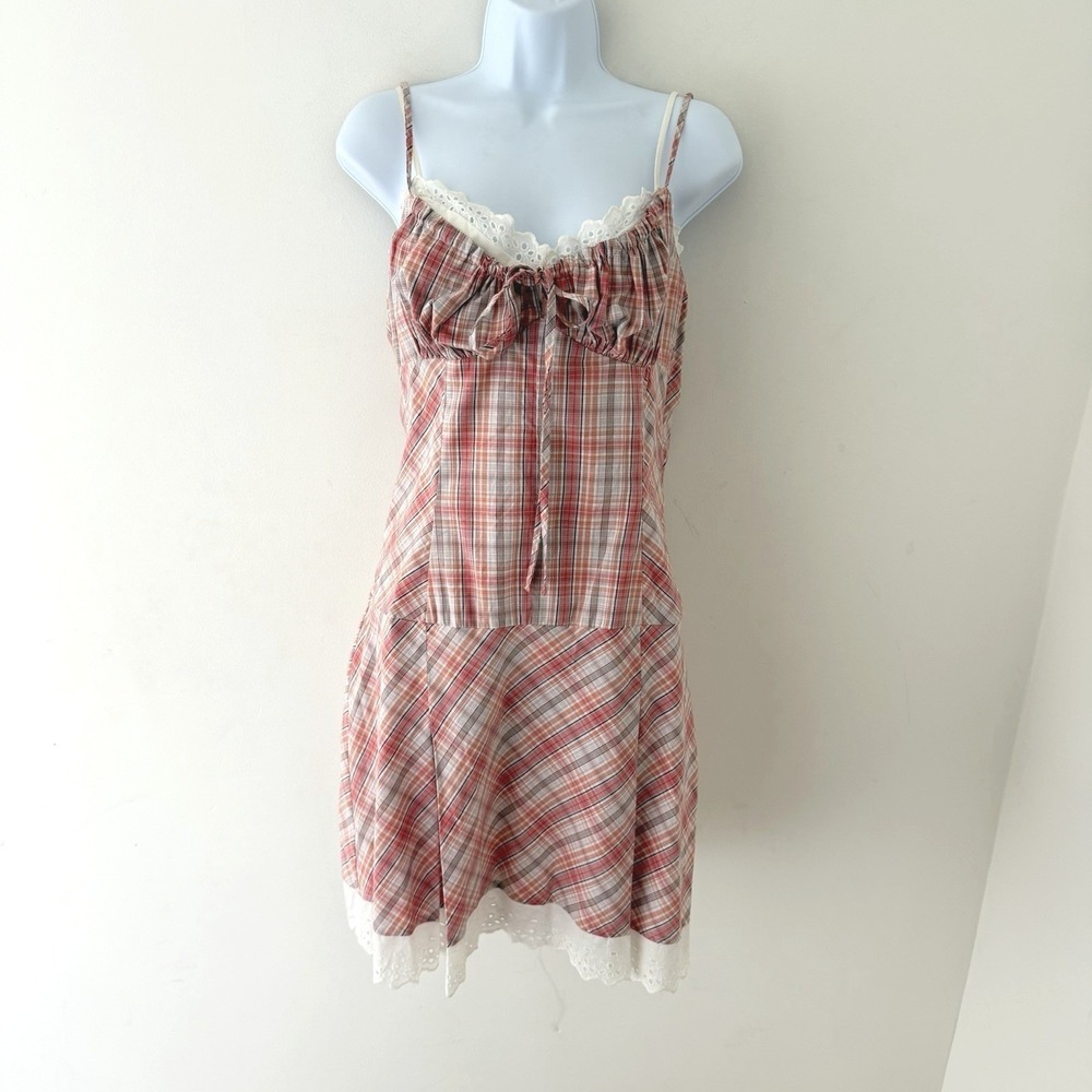 Y2K My Michelle Pink Plaid Dress Size S Eyelet Hem Ruched Bust 2000s Coquette - Picture 2 of 11